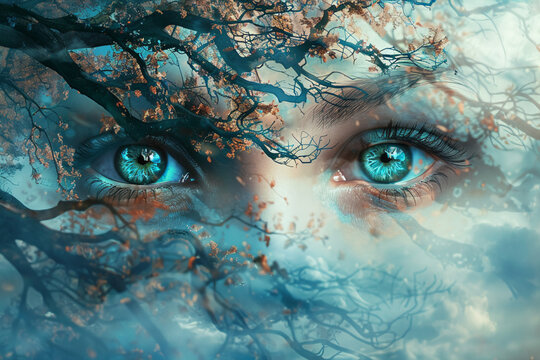 Beautiful artistic fantasy background representing a two human eyes and a tree