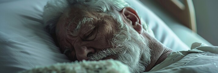 a cinematic scene shows an elderly man with white hair and beard sleeping peacefully in a hospital bed the cinematic shot features natural light with muted colors and detailed skin textures