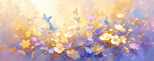 Fototapeta na wymiar abstract background with colorful flowers and blue butterflies