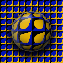 Sphere on surface with blue and golden drops pattern seems to be moving. Optical illusion illustration.