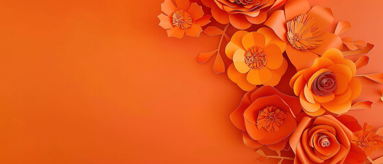 Warm orange paper flowers arrangement with a blank area for text or personalized notes. Great for autumn-themed events or harvest celebrations - obrazy, fototapety, plakaty