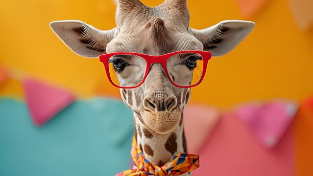 Funny fashion portrait of a giraffe with sunglasses. Created with Generative AI.