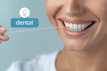 Young woman flossing her teeth on blue background, closeup. Cosmetic dentistry.Ai