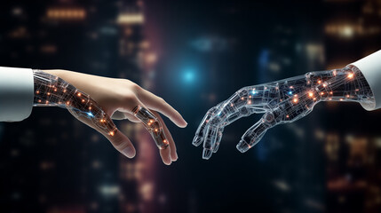 AI, Machine learning, Hands of robot and human touching on big data network connection background, Science and artificial intelligence technology, innovation and futuristic 