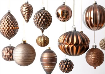 A set of hanging Christmas ornaments in shades of brown and gold