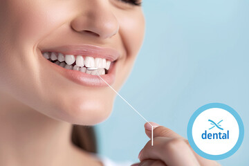 Young woman flossing her teeth on blue background, closeup. Cosmetic dentistry.Ai
