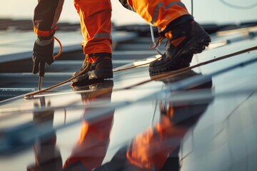 Skilled technician carefully installing solar panels, capturing the hands-on process of advancing renewable energy solutions - AI generated