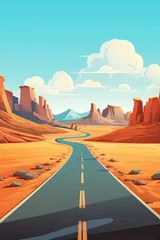 Zelfklevend Fotobehang road trip adventure on big road in desert with brown rocks illustration © krissikunterbunt