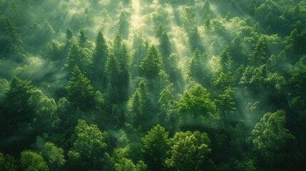 Naklejka na ściany i meble Aerial View of a Misty Rainforest at Sunrise with Light Rays