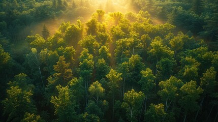 Aerial View of a Misty Rainforest at Sunrise with Light Rays - obrazy, fototapety, plakaty