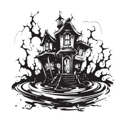 Haunted House black Hand Drawn Sketch Vector Illustration Halloween