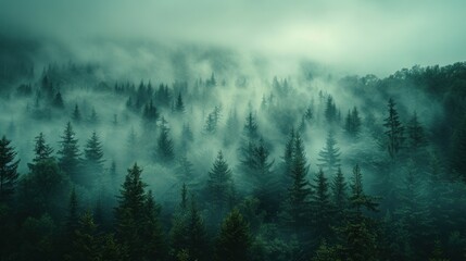 A Captivating View Of Fog and Mystical Woodland Moody Forest Landscape - obrazy, fototapety, plakaty