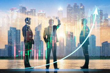 Double exposure of back view Business man Silhouette  with blur city background and team with growing income profit graph. Investor and investment, saving, banking concept	
