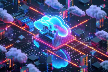 Conceptual image of a smart city powered by a brain-shaped cloud, representing AI-driven urban development and intelligent networks - AI generated - obrazy, fototapety, plakaty