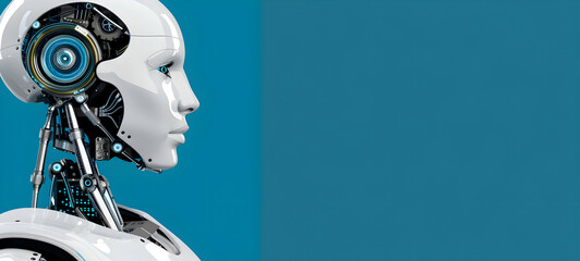 Obraz premium Humanoid Robot AI Portraits for Technology Presentations and Promotions - Space for Copy. Color background.