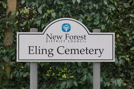 Eling, England 27 February 2024 - Eling Cemetery sign. New Forest District Council burial site