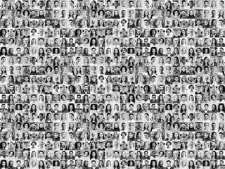 Large black and white collage, portrait of multiracial smiling different business people. A lot of...