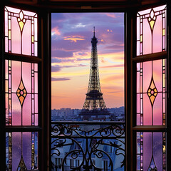 View of the Eiffel Tower at dusk framed by stained glass windows, in a romantic palette of rose and twilight purple.