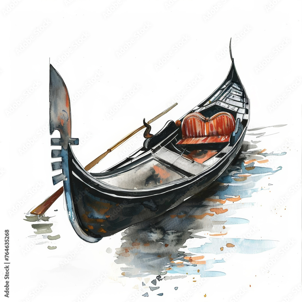 Poster Watercolor illustration of an empty Venetian gondola with space for text, ideal for travel-themed designs or tourism marketing materials related to Italy or Venice