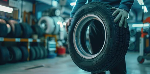 Auto mechanic with a new car tire at the service center, showcasing expertise in vehicle maintenance and tire replacement - AI generated