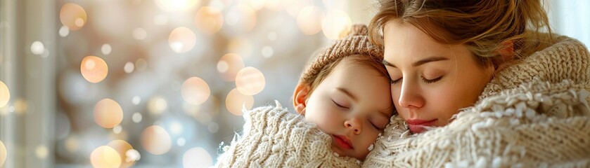Mother and baby sleeping peacefully with a soft white blanket - obrazy, fototapety, plakaty