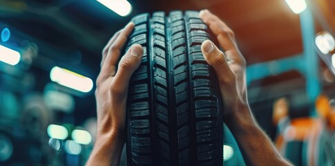 Auto mechanic with a new car tire at the service center, showcasing expertise in vehicle maintenance and tire replacement - AI generated