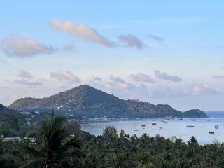 Koh Tao Island landscape in the morning. Tropical mountains and palms on sea shore, bay with boats and ships. Travel in Asia