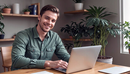 A handsome smiling young man with short beard sitting at a table in a room. Working, studying on his laptop. Concep.of success, achieve a goal or target or finish a task.