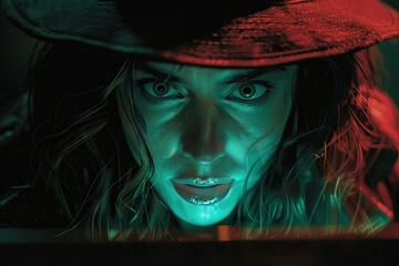 A noir-style illustration of a detective uncovering a crucial clue in a late-night investigation her shocked expression lit by the cold