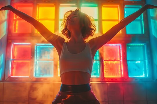 Happy carefree young woman dancing alone having fun at the party, listening to good music, energetic girl moving jumping in modern club interior, freedom lifestyle. Walpaper, poster