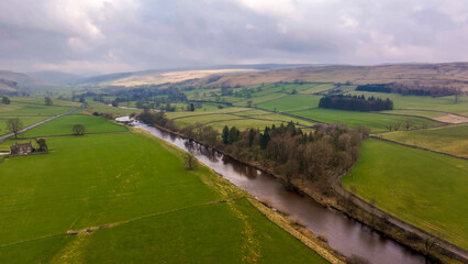 Aerial View Wharfedale. Wharfedale  is the valley of the upper parts of the River Wharfe and one of...