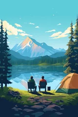 Foto auf Acrylglas couple at camping by lake in summer illustration © krissikunterbunt