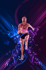 Creative poster with young girl, athlete, runner in motion in dynamic pose on gradient background with polygonal and fluid neon elements. Concept of professional sport, competition, tournament