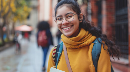 Pretty cheerful latin american student smiling on campus at college  , Generative AI	
