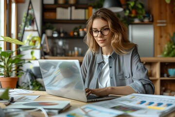 Female economic analyst working from home analyzing financial data on laptop with sales revenue charts. Concept Finance, Work from Home, Economic Analysis, Laptop, Sales Revenue