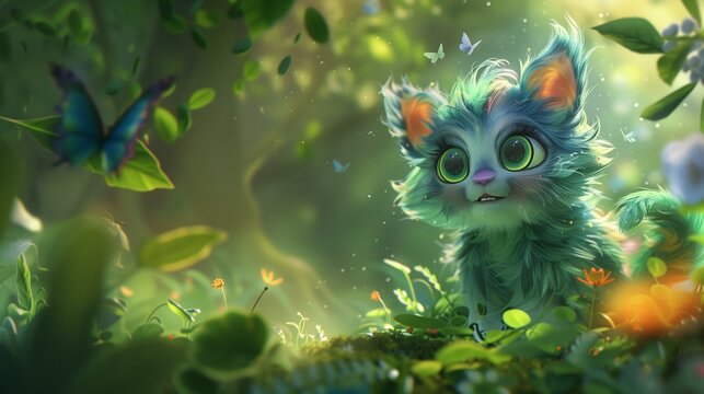 In a lush, enchanted forest, a fictional cartoon animal emerges from the foliage, its colorful fur shimmering in the dappled sunlight. 

