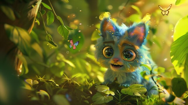 In a lush, enchanted forest, a fictional cartoon animal emerges from the foliage, its colorful fur shimmering in the dappled sunlight. 

