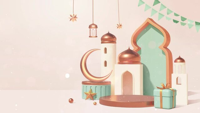 Ramadan Kareem celebration banner: modern 3D illustration background with mosque, half moon, star, and lantern. Eid Mubarak, podium, and particle light