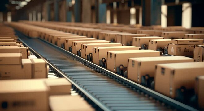 several cardboard box packages along a conveyor belt in a warehouse fulfillment center