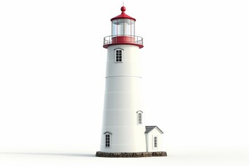 Classic white lighthouse with a red top on an isolated white background with ample copy space, ideal for conceptual graphics and maritime themes
