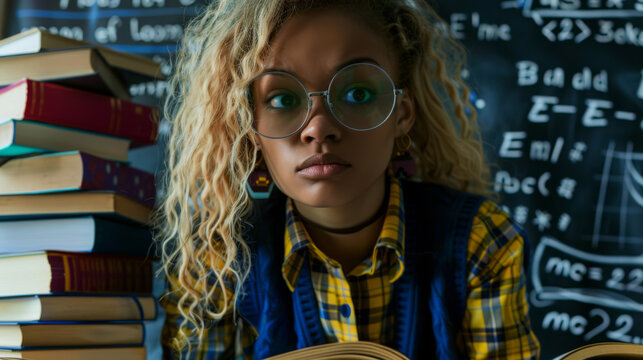 A concerned student stands in front of a chalkboard filled with complex equations.