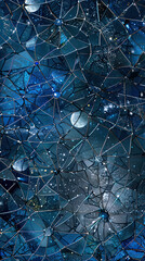 A stained glass window with an intricate celestial network of stars and moons glimmering in indigo and midnight blue.