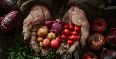 Fruits harvest. Farmers hands with freshly harvested fruits.copy space for text stock photo. Freshly harvested vegetables in farmer hands.Ai - obrazy, fototapety, plakaty