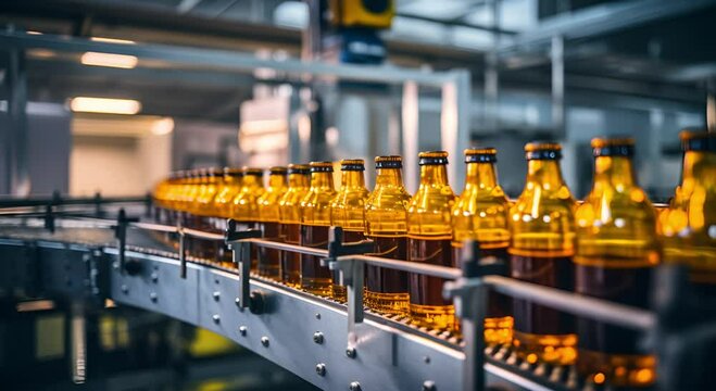 Drink bottles on a conveyor belt in a factory