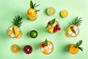 Tropical refreshment at its finest - mangonada cocktails enhanced by fresh mango slices on a vibrant green base.