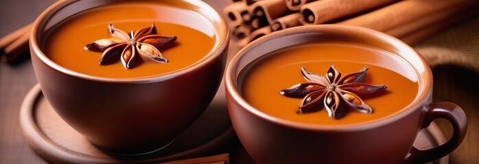 Welcoming presentation of Champurrado in two mugs, enhanced with cinnamon sticks and star anise, against a white surface ideal for adding text.