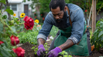 A gardener attentively cares for plants in a lush garden.