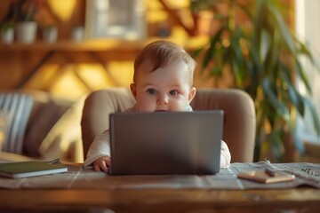 Child in a home office using a laptop for an English e-learning webinar. Concept Child, Home Office, Laptop, English E-Learning, Webinar