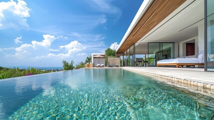 Elevated ocean view from a modern infinity pool at a luxurious villa with a clear sky