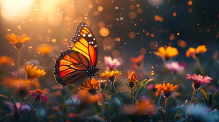 A stunning Monarch butterfly perches delicately on vibrant yellow flowers, bathed in the soft glow...